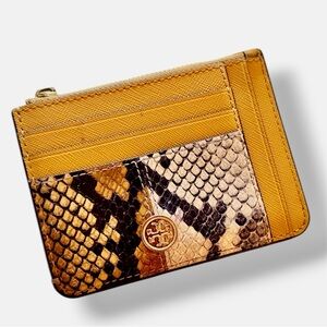 TORY BURCH Mustard Yellow & Snakeskin Card Holder Zipper Wallet